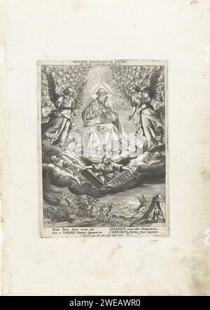Dio padre con il più alto coro di angeli, Jan Collaert (II), dopo Maerten de Vos, 1576 - 1628 stampa Dio padre nelle nuvole. Intorno a lui tre gruppi di angeli: Serafines, Cherubin e troni. Sotto Dio, un angelo tiene le due tavole di pietra con la legge di Mosè. Sotto le nuvole le azioni di questi angeli sulla terra: Nel mezzo l'espulsione dal paradiso, a sinistra la distruzione del campo militare degli Assiri e a destra l'annuncio. La stampa ha una didascalia latina e fa parte di una serie sui vari cori angeli. Carta di Anversa incisione Seraphim (+ Dio grasso Foto Stock