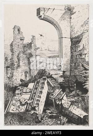 RUIFI CASTY BUCHTER, Martinus Antonius Chery Thuivery Jr., 1853 stampa in un paesaggio collinare, una rondine vola sopra le rovine del castello di Bourscheid, situato sul fiume Sûre. Giornale di Bruxelles. macchie/macchie di un'abitazione, una casa, un castello, ecc. song-birds: rondine. river Foto Stock