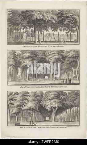 Tre facce intorno ad Haarlem a, Hendrik Spilman, 1763 stampano tre immagini su un piatto. Haarlem paper etching Lane, vicolo. alberi. Attività ricreative all'aperto Haarlem. Pine Foto Stock