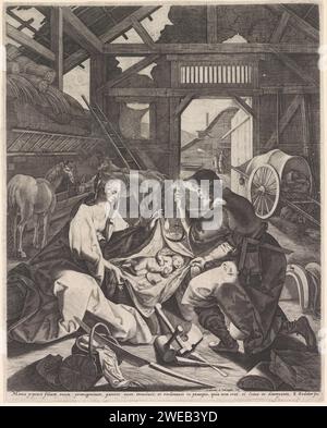 Nascita di Cristo, Raphaël Sadeler (i), dopo Joos van Winghe, 1570 - 1632 stampa nella stalla, la Vergine Maria mostra il bambino di Cristo a Giuseppe. Si piega al bambino con una lampada ad olio nella mano sinistra. Carta sconosciuta incisione / incisione di Maria, Giuseppe e il Cristo neonato (Natività) Foto Stock