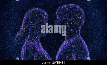 Love or Romantic Abstract figures in Star Sky. Silhouette Cosmic Conceptual uomo e donna con Blue Starlight, 3d Render Foto Stock