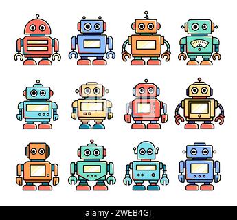 Graziosi robot vintage per bambini, stile cartoni animati, set di illustrazioni vettoriali Illustrazione Vettoriale