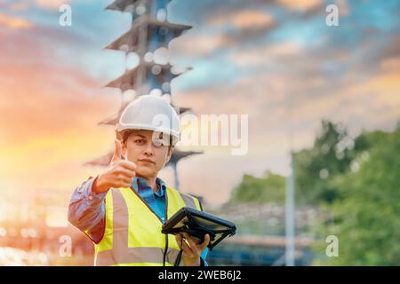 Felice geometri donna che lavora con apparecchiature per elettroerosione a stazione totale teodolite in un cantiere edile all'aperto Foto Stock