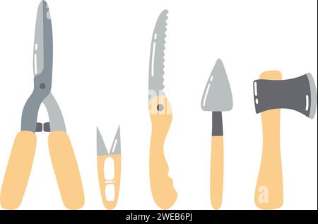 Attrezzi da giardino disegnati a mano. Set di attrezzature agricole. Illustrazione Vettoriale