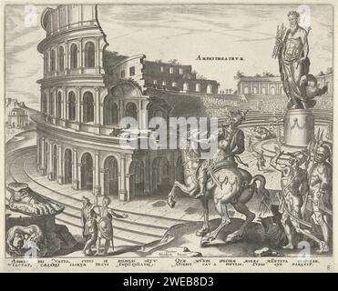 Colosseo a Roma, Philips Galle, dopo Maarten van Heemskerck, 1581 - 1633 stampa le rovine del Colosseo Romano. Al centro del Colosseo, una statua di Giove. Ci sono combattimenti in corso. In primo piano, l'imperatore Vespasiano a cavallo. Aveva ordinato la costruzione del Colosseo. A sinistra in primo piano un rilievo con Romolo e Remo che succhiano. La stampa ha una didascalia latina e fa parte di una serie sulle otto meraviglie del mondo. Tipografia: Antwerpafter design by: HaarlemHaarlempublisher: Antwerp paper Engraving Amphitheatre. altri monumenti che a volte sono inclusi Foto Stock