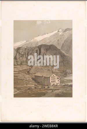 Vista dell'hotel sulle Grimselpas, Eugène Cicéri, stampatrice 1859: Parisafter foto di: Parisprinter: Parispublisher: Parispublisher: New York (città) catena montuosa di carta, cime della neve (+ paesaggio con figure, personale). strada, percorso. Hotel, ostello, inn Grimselpas Foto Stock