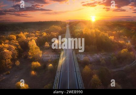 Strada che passa attraverso la foresta autunnale con il fogliame giallo all'alba. Vista aerea. La luce solare illumina le cime degli alberi. Foto Stock