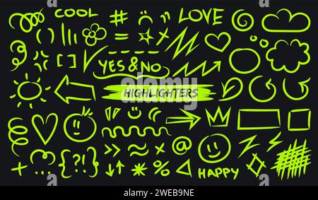 Sottolineature del pennello verde neon. elementi isolati. Illustrazione Vettoriale