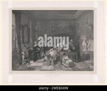 Giovane coppia libera all'interno con cacciatori, Gerhardus Fredericus Eilbracht, dopo David Bles, stampa del 1849 interno con una giovane coppia sposata, seduta su una panchina. La donna ha un libro in grembo e appoggia la testa sulla spalla dell'uomo, allungandosi. Un bambino si trova in una culla dondolata di paglia. Ci sono due cani da caccia vicino alla culla. Tre cacciatori sono dietro la partenza e chiedono al giovane sposato di andare a caccia. A sinistra c'e' una donna piu' anziana dietro un organo di casa. Un ragazzo è seduto accanto a lei sul pavimento. A destra, contro il muro, c'è una foto di Diana. Stampatore: Olanda Foto Stock