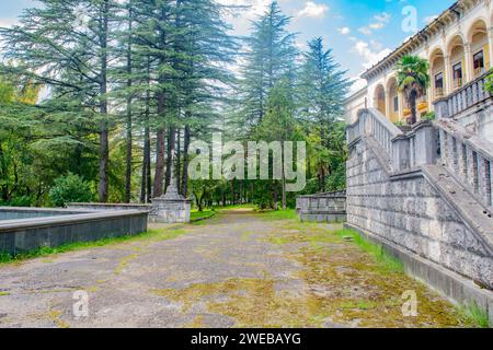 Inquietante sanatorio abbandonato e edifici rotti inghiottiti dal potere della natura Foto Stock