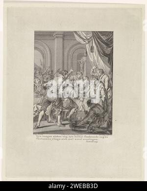 Morte di Requesens, 1576, Theodoor Koning, dopo Jacobus Buys, 1782 stampa il comandante dell'esercito spagnolo e governatore dei Paesi Bassi Requesens muore inaspettatamente a tavola durante un banchetto a Bruxelles, 5 marzo 1576. Uomini spaventati intorno a lui che volevano fare gesti. Questa stampa fa parte di una serie di 24 stampe con scene della vita del principe Willem i, 1568-1584, ed è un'illustrazione nel sedicesimo canto. Incisione di carta di Amsterdam morente. Altarcross, crocifisso Bruxelles Foto Stock