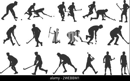 Silhouette di giocatori di hockey su prato, silhouette di hockey su prato, silhouette di giocatori di hockey su prato, set vettoriale di hockey su prato. Illustrazione Vettoriale