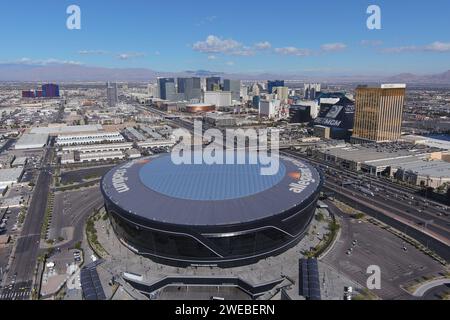 Una vista aerea generale dell'Allegiant Stadium, venerdì 1 dicembre 2023, a Las Vegas. Vista aerea generale dell'Allegiant Stadium, venerdì, De Foto Stock