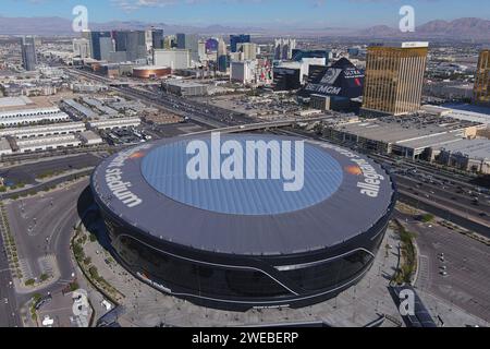 Una vista aerea generale dell'Allegiant Stadium, venerdì 1 dicembre 2023, a Las Vegas. Vista aerea generale dell'Allegiant Stadium, venerdì, De Foto Stock