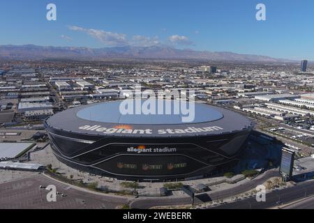 Una vista aerea generale dell'Allegiant Stadium, venerdì 1 dicembre 2023, a Las Vegas. Vista aerea generale dell'Allegiant Stadium, venerdì, De Foto Stock