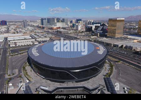 Una vista aerea generale dell'Allegiant Stadium, venerdì 1 dicembre 2023, a Las Vegas. Vista aerea generale dell'Allegiant Stadium, venerdì, De Foto Stock