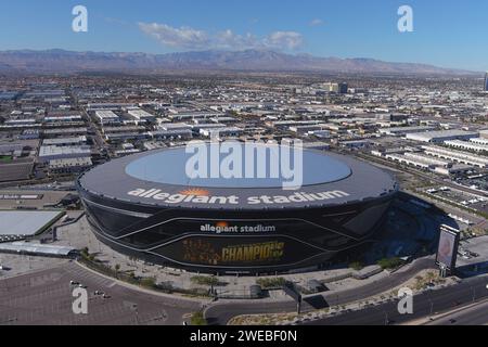 Una vista aerea generale dell'Allegiant Stadium, venerdì 1 dicembre 2023, a Las Vegas. Vista aerea generale dell'Allegiant Stadium, venerdì, De Foto Stock