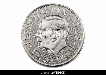 Regno Unito, Carlo il terzo, moneta da 1 oz 2 libbre d'argento con il ritratto del nuovo re inglese Foto Stock