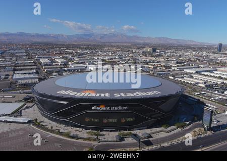 Una vista aerea generale dell'Allegiant Stadium, venerdì 1 dicembre 2023, a Las Vegas. Foto Stock