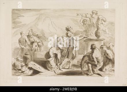 Offerta Van Noach, Francesco Bartolozzi, dopo Giovanni Benedetto Castiglione, 1738 - 1815 stampa Noè si erge con ampie braccia di fronte ad un altare, sopra il quale sono apparsi Dio e due angeli. Altre figure si inginocchiano intorno all'altare. A sinistra un uomo con un asino, un cane e un pollo. Carta italiana che incide il sacrificio di Noè; vengono offerti vari animali, forse un agnello, una colomba e un ariete (spesso combinati con l'arcobaleno del patto) Foto Stock