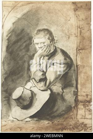 Uomo seduto, Jurriaan Cootwijck, dopo Rembrandt van Rijn, 1724 - 1798 stampa Un uomo è in una nicchia. Sostiene la testa con una mano. Tiene il cappello nell'altra mano. Figura seduta di carta di Amsterdam (+ maschio adulto (essere umano)) Foto Stock