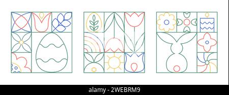 Modello di carte geometriche di pasqua astratte con uova di pasqua, fiori, tulipano, coniglietti, arcobaleno. Semplici blocchi vettoriali colorati con elementi carini per Illustrazione Vettoriale