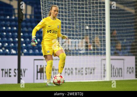 Londra, Regno Unito. 24 gennaio 2024. Londra, 24 gennaio 2024: La portiere Hannah Hampton (24 Chelsea) al ballo durante la partita di UEFA Womens Champions League gruppo D tra Chelsea e Real Madrid allo Stamford Bridge, Londra, Inghilterra. (Pedro Soares/SPP) credito: SPP Sport Press Photo. /Alamy Live News Foto Stock