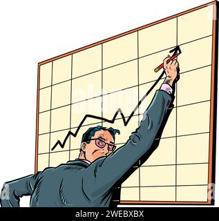 Crescita delle quote nel mercato finanziario. La carriera del dipendente sale di livello. Un uomo con una tuta si trova su un tabellone con una cartella. Pop Art re Illustrazione Vettoriale