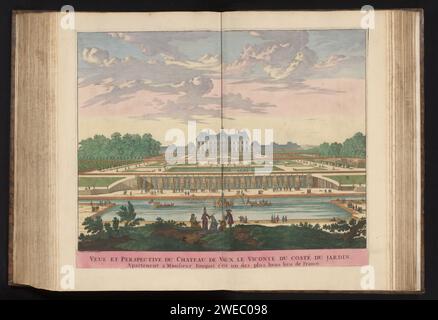 Vista del Château de Vaux-le-Vicomte dai giardini, stampa 1681-1724 Vista del Château de Vaux-le-Vicomte dai giardini. In primo piano un'azienda elegante. Dietro il canale Ru d'Aancoeuil con alcune navi. La stampa fa parte di un album. Tipografia: Northern Netherlandspublisher: AmsterdamIl castello di incisione della carta dell'Aia. Giardino francese o architettonico; giardino formale Château de Vaux-le-Vicomte Foto Stock