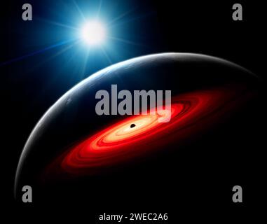 Una pulsar in un binario con un oggetto compatto nello spazio di massa tra stelle di neutroni e buchi neri. rendering 3d. Foto Stock
