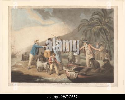 La famiglia africana è separata dai commercianti di schiavi europei, John Raphael Smith, dopo George Morland, 1791 stampa tratta di schiavi sulla costa dell'Africa occidentale. A sinistra, due uomini europei hanno colpito un uomo africano. A destra, un commerciante di schiavi porta con sé la moglie e il figlio. Di fronte a destra, una barca a remi viene portata in cui un uomo africano fatto schiavo tiene le mani davanti al suo viso. Carta londinese incidere il commercio degli schiavi. schiavitù; servi e schiavi. slave holder  persona schiavizzata. abolizione della schiavitù, lotta contro la schiavitù. Europei. Africani. costa. canottaggio, canoa, ecc. Africa occidentale Foto Stock