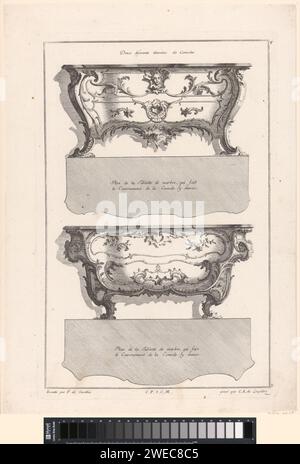 Twee conveniente, Carl Albert von Lespilliez, dopo Francesco di Cuvilliés (Sr.), stampa del 1745 Vista frontale e superiore di due forzieri ornati con rocaille, al piano superiore con una maschera femminile. Su progetto di: Armadietto ornamentale con incisione di carta GermanyParis. maschera, mascaron  ornamento Foto Stock