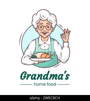 Logo Grandmas Cooking Cafe, carino design cartoni animati. Nonna allegra con un piatto di appetitosi piatti fatti in casa. Modello. Illust linea vettoriale Foto Stock
