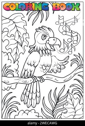 libro da colorare per bambini - un pappagallo seduto nella giungla su un albero che canta con note nell'aria. Illustrazione Vettoriale