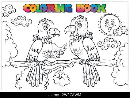 libro da colorare per bambini - 2 pappagalli seduti su un albero nella giungla, il sole e le nuvole sullo sfondo Illustrazione Vettoriale
