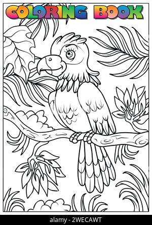 libro da colorare per bambini - un pappagallo seduto su un albero nella giungla Illustrazione Vettoriale