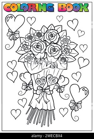 Libro da colorare per bambini per San Valentino - bouquet di rose con cuore Illustrazione Vettoriale