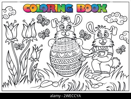 Libro da colorare per bambini per Pasqua, un coniglio dipinge un uovo di Pasqua Illustrazione Vettoriale