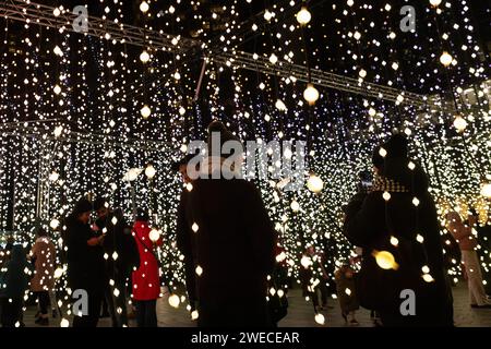 Londra, Regno Unito. 19 gennaio 2024. Submergence by Squidsoup, una delle tredici installazioni di luci invernali a Canary Wharf. Le installazioni delle luci invernali Foto Stock