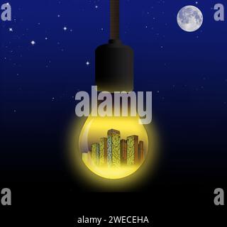 Una città all'interno di una lampadina è vista di notte in un'illustrazione 3D sulla rete elettrica che mantiene l'elettricità che scorre negli Stati Uniti. Foto Stock
