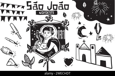 Banner per São João, con una serie di elementi per le festività di giugno. Vettoriali in stile Woodcut Illustrazione Vettoriale