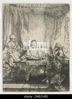 Cristo ad Emmaus: Il piatto più grande, Rembrandt van Rijn, 1654 carta stampata incisione / secchezza la cena ad Emmaus: Cristo è riconosciuto mentre benedice o spezza il pane Foto Stock
