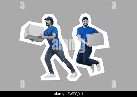 Happy Courier con pacchi su sfondo grigio Foto Stock