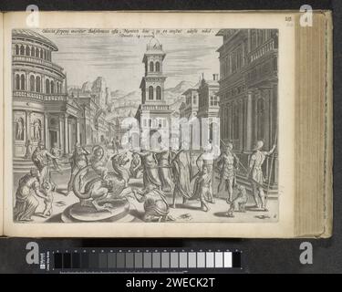 Daniël e De Dragon, 1643 stampe Daniël si trovano con il re Ciro al drago di Babilonia, che è adorato dal popolo babilonese. Daniël rifiuta di adorare il drago e chiede al re il permesso di uccidere il drago senza una spada o un bastone. Daniël è pronto a dare da mangiare al drago una torta di grasso, catrame e ossa. Di conseguenza, il drago si aprirà all'interno e morirà. Sopra la performance un riferimento in latino al testo della Bibbia apocrifalda in quel momento. 14. Questa stampa fa parte di un album. L'incisione di carta di Amsterdam Daniel dà cibo al drago; Re Cyrus sta guardando Foto Stock