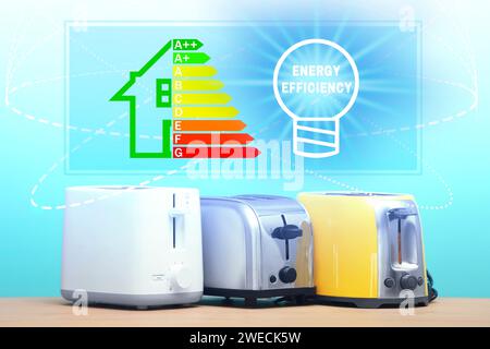 Etichetta del livello di efficienza energetica e illustrazione della lampadina su diversi tostapane su sfondo azzurro Foto Stock