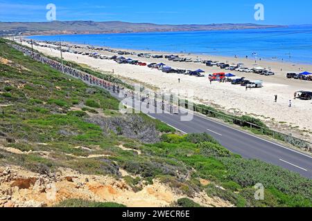 Piloti che gareggiano durante la 5a tappa del Tour Down Under 2024 ad Aldinga, ad Adelaide, Australia Foto Stock