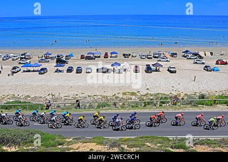 Piloti che gareggiano durante la 5a tappa del Tour Down Under 2024 ad Aldinga, ad Adelaide, Australia Foto Stock