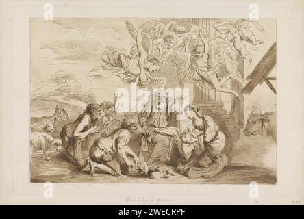Aanbidding Door de herders, Francesco Bartolozzi, dopo Giovanni Benedetto Castiglione, 1738 - 1815 stampa Maria e Giuseppe sono seduti accanto alla mangiatoia con il bambino di Cristo. Un gruppo di angeli galleggia sopra di loro. A sinistra i pastori con polli e pecore. Uno dei pastori suona su un flauto. A sinistra l'asino e a destra il bue. Italia carta che incide l'adorazione del Cristo bambino da parte dei pastori; Maria e Giuseppe presenti Foto Stock