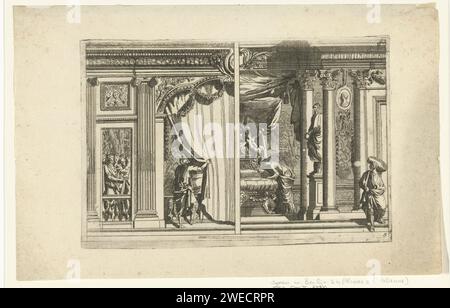 Alkoof con variante per la metà destra, Jean Lepautre, in o dopo il 1665 - prima della stampa del 1690 a sinistra, un servo tiene da parte il sipario dell'alcova. Tipografia: Francia (possibilmente)tipografia: Olanda (possibilmente)editore: Amsterdam paper etching Foto Stock