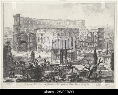 Boog di Costantijn e il Colosseo a Roma, Giovanni Battista Piranesi, 1748 - 1778 stampa Vista dell'arco di Costantijn e del Colosseo a Roma. Titolo e canzoni esplicative in STUDMARGE. La carta di Roma incide sulla città e il paesaggio con costruzioni artificiali. paesaggio con rovine. Arco trionfale Roma. Arco di Costantino. Colosseo Foto Stock